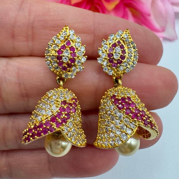 Jeweled Jhumka Drop Earrings Bell Chime Sound India Wedding CZ Ruby? Occasion - Picture 3 of 11